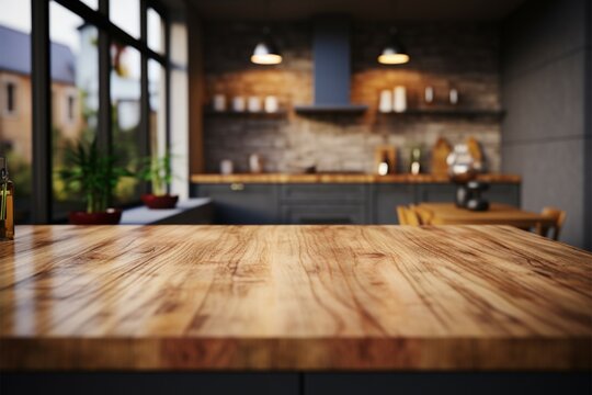 Blurred kitchen counter with a wooden tables top in view