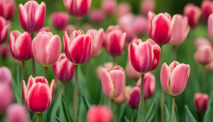Obraz premium Tulip red and pink on a natural green background.