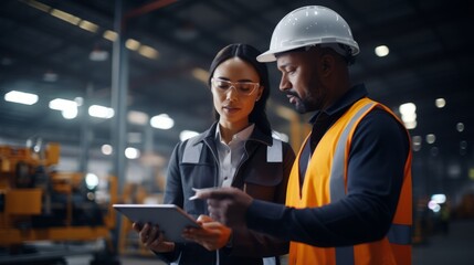 Male Specialist and Car Factory Engineer in High Visibility Vests Using Tablet Computer.Automotive Industrial Manufacturing Facility Working on Vehicle Production.Diversity on Assembly Plant.