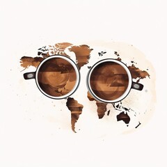 Two cups of coffee with world map mix with splashes and blots prints cup. International coffee day. Watercolor design for banner, poster, greeting card 