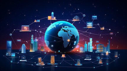 a global network of interconnected devices and data streams, with digital icons representing various industries, illustrating the impact and reach of technology in the business world