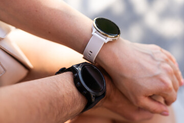 Fototapeta premium Wrist watch on arm and on white background.
