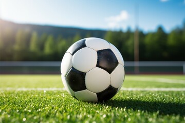 Fototapeta premium Centered action The soccer ball takes its position on field