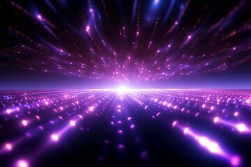 Fototapeta na wymiar Bright purple backdrop flying dots, glowing circles, futuristic magical energy