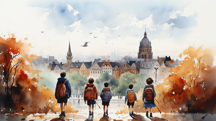 row of children with backpacks view back to school abstract European old town on white background, watercolor painting design drawing - obrazy, fototapety, plakaty