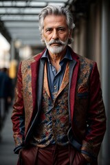 Handsome elderly man of model appearance in a stylish suit with embroidery.