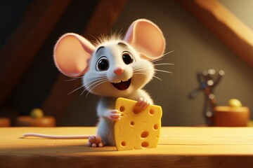 Cheese loving mouse Cartoon animation showcases a smiling little mouse - obrazy, fototapety, plakaty