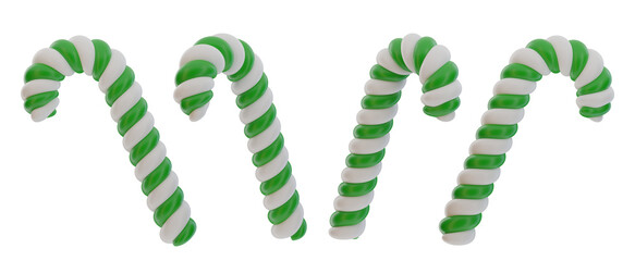 set of green christmas canes with transparent background, PNG, 3d candy cane