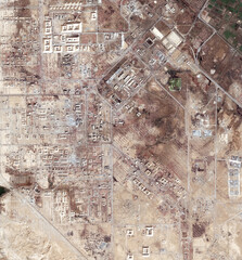 Aerial, drought map and satellite view of landscape, nature and desert outdoor with sand. Land and...