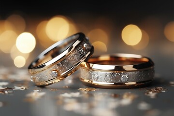 Closeup of wedding rings on a glittering bokeh background with space for text