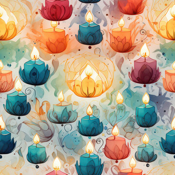 Seamless Watercolor Diwali Pattern, Generative AI