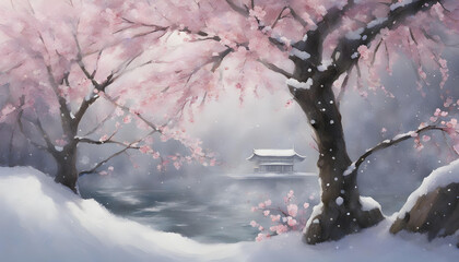 Beautiful cherry blossoms tree under a snow