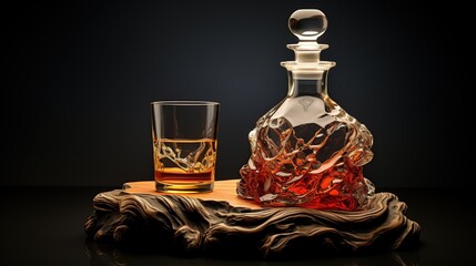 Luxury transparent bottle and Glass of scotch whiskey isolated black background. AI generated image - obrazy, fototapety, plakaty