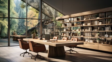 Fototapeta na wymiar 3d render office interior interior design, in the style of wood.