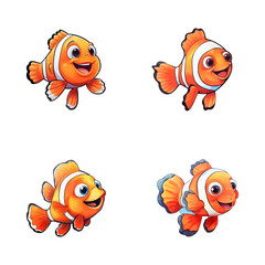 set of happy cute clownfish watercolor illustrations for printing on baby clothes, pattern, sticker, postcards, print, fabric, and books