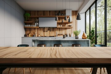 Fototapeta na wymiar Contemporary kitchen room interior with a wooden table blending seamlessly