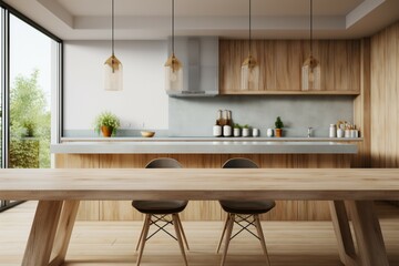 Contemporary kitchen room interior with a wooden table blending seamlessly