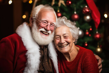 Fototapeta na wymiar Portrait of a loving smiling elderly couple at a Christmas party