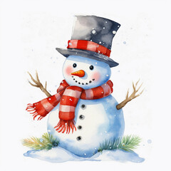 Cute watercolor snowman with black hat and red scarf, with carrot nose, christmas clipart. Generative AI. - obrazy, fototapety, plakaty