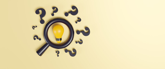Light bulb and question mark. Light bulb and idea checking icon inside magnifier glass, solution and innovation concept. Creative thinking idea. New idea with innovation and inspiration. 3d rendering