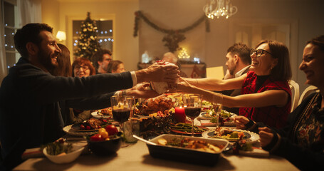Big Diverse Family Exchanging Christmas Gifts to Celebrate the Holiday. Beautiful Old and Young Relatives Excited to Receive Presents. Christmas Dinner Together with Parents and Children at Home