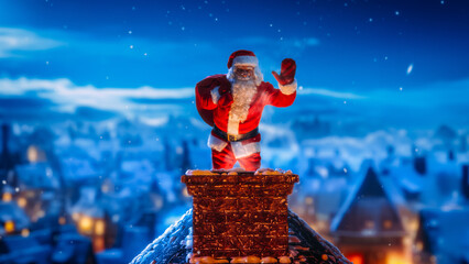 Santa Claus Carrying a Red Bag with Gifts to Children, Carefully Walking on a Roof of a House on a...