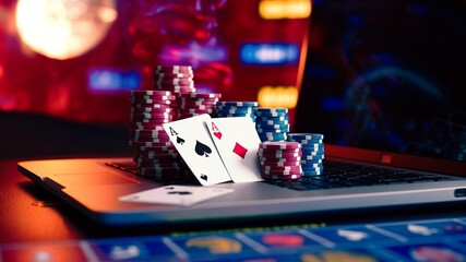 Someone playing online casino on their computer in a casino atmosphere with cards and chips on a green blue carpet 