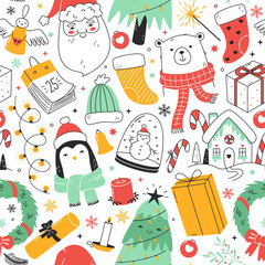 Seamless vector pattern with cute and funny christmas doodles. Tree, animals, gifts, decorations, santa, outline drawings. Winter season characters and elements on background. Wrapping paper design