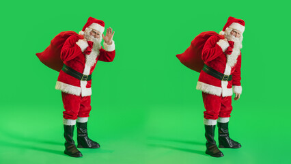 Studio Shot Isolated Mockup Template: Jolly Santa Claus with a Bag with Gifts For All Good Children...