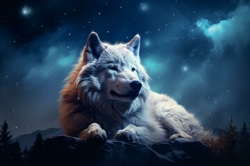 Calm wolf resting beneath a clear night sky. Generative AI