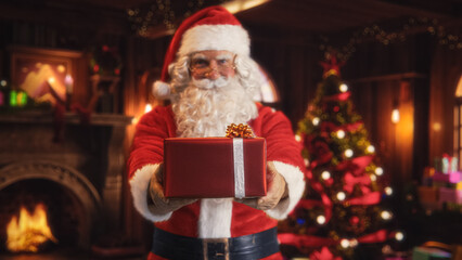 Merry Santa Claus Standing in a Magical Decorated Room, Offering Beautifully Wrapped Red Gift. Father Christmas Giving Presents to Kids. Concept of Christmas and New Year's Winter Holidays Celebration