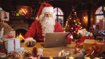 Merry Santa Claus Sitting Behind a Desk and Working on Laptop Computer. Senior Santa Shopping...