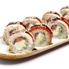 Sushi set canada roll on a white background, selective focus. Japanese kitchen. Sushi menu