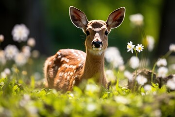 Female roe deer with beautiful flower.