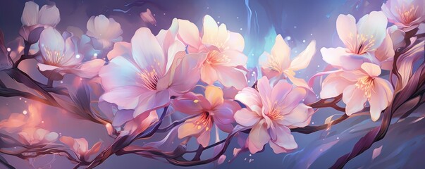 Pastel neon flowers with a magical aura, background illustration - obrazy, fototapety, plakaty