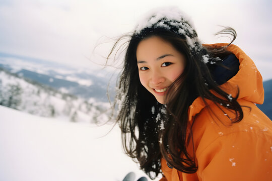 Happy asian woman walking on the snow at ski resort, pretty woman having fun in snow mountain on cold winter day