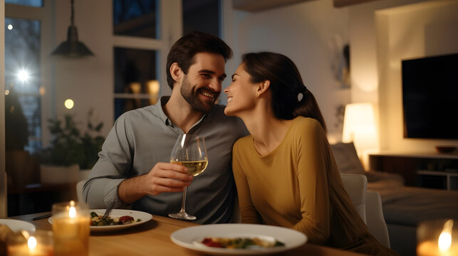 Happy young couple having dinner at home, romantic marriage man and woman celebrating wedding anniversary in kitchen at home