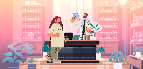 Pharmacist selling medications to pregnant woman future mom in drug store pregnancy motherhood expectation concept