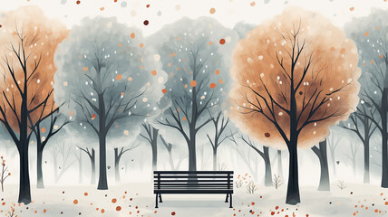 flat graphics autumn soft color pastel pattern autumn park bench silence