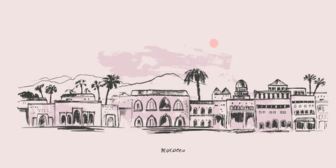 Hand drawn urban sketch of moroccan city buildings.