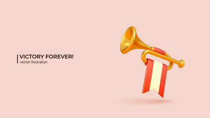 3d Gold Trumpet. Realistic 3d design of Golden Fanfare with White and Red Flag. 3D Vector illustration in cartoon minimal style. - 663356615