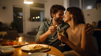 Happy young couple having dinner at home, romantic marriage man and woman celebrating wedding...