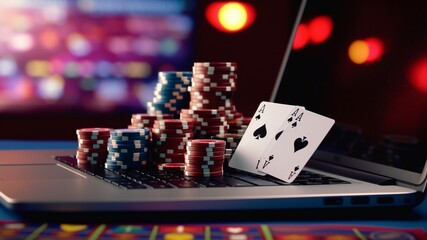 Someone playing online casino on their computer in a casino atmosphere with cards and chips on a green blue carpet 