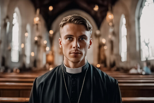 Uno sguardo di Fede, ritratto di un Giovane Prete Cristiano in Chiesa, A Look of Faith, Portrait of a Young Christian Priest in Church