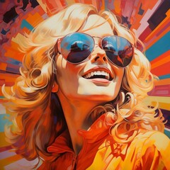Portrait of a happy fair-haired woman in sunglasses Colourful psychedelic 1970s