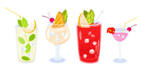 Alcohol cocktails. Vector isolated set. Mojito, pina colada, bloody mary, cosmopolitan.