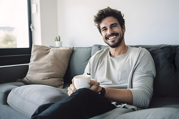 Happy attractive man sitting on his couch in his cozy home, smiling hispanic man sitting on sofa in living room holding a cup of coffee in hand - obrazy, fototapety, plakaty