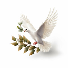 Fototapeta premium Flying white dove with green olive isolated on a white background
