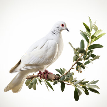 White dove with green olive  tree isolated on a white background