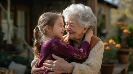 Caucasian granddaughter hugging her grandmother in the garden. Generative AI.